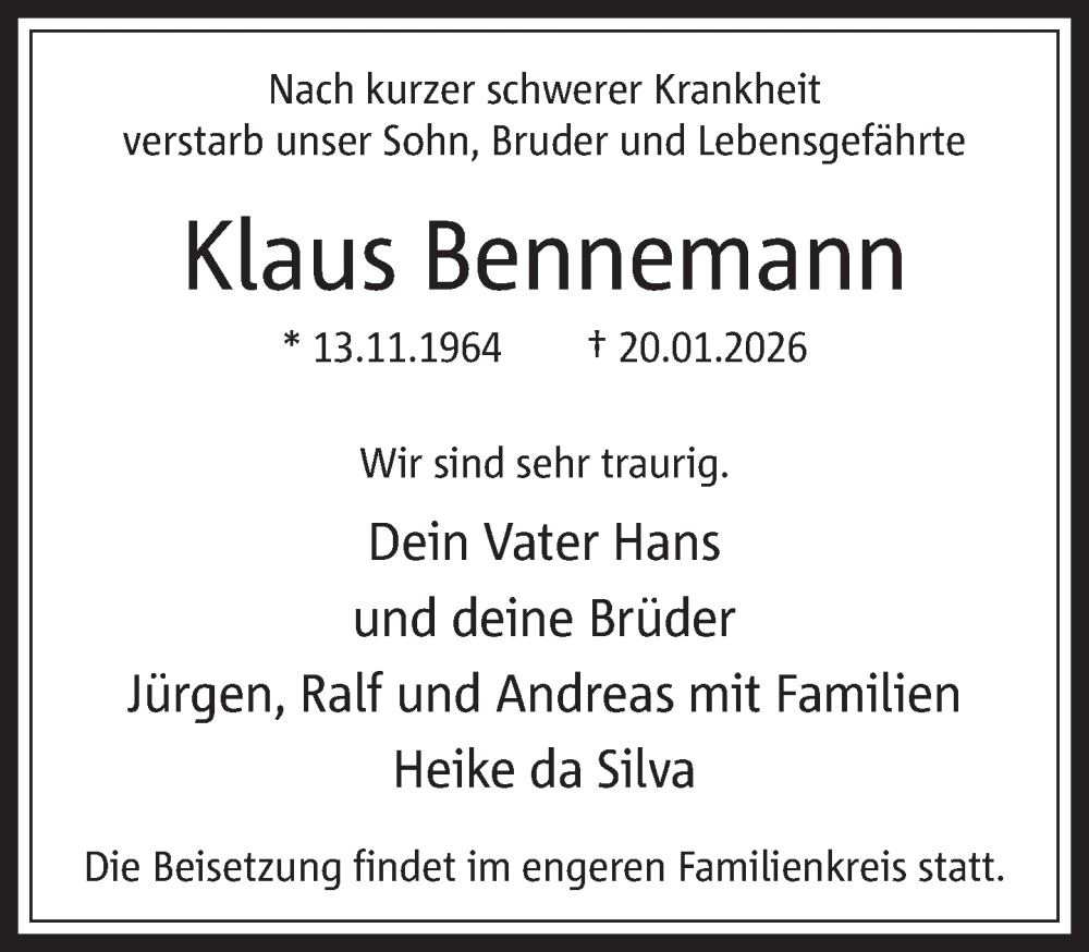  Traueranzeige für Klaus Bennemann vom 24.01.2026 aus 