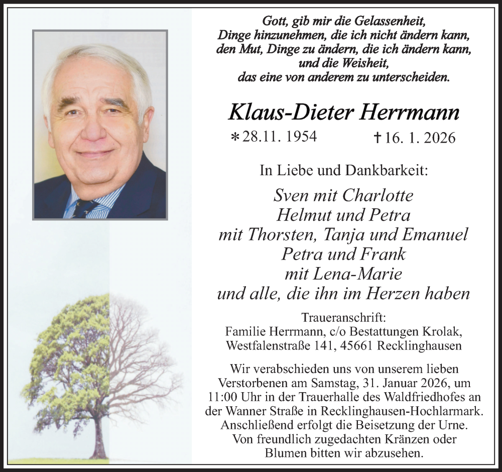  Traueranzeige für Klaus-Dieter Herrmann vom 24.01.2026 aus Trauer Vest