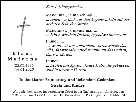 Traueranzeige von Klaus Materna von Trauer Vest