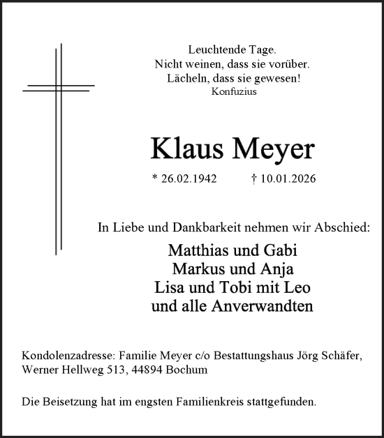 Traueranzeige von Klaus Meyer von Ruhr Nachrichten
