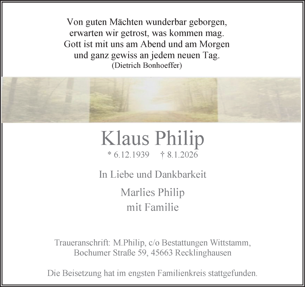  Traueranzeige für Klaus Philip vom 24.01.2026 aus Trauer Vest