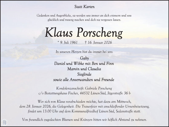 Traueranzeige von Klaus Porscheng von Lüner Anzeiger