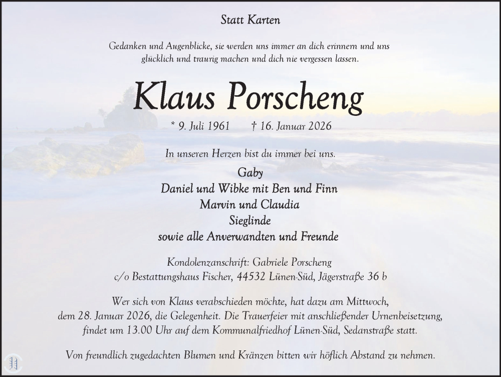  Traueranzeige für Klaus Porscheng vom 24.01.2026 aus Lüner Anzeiger