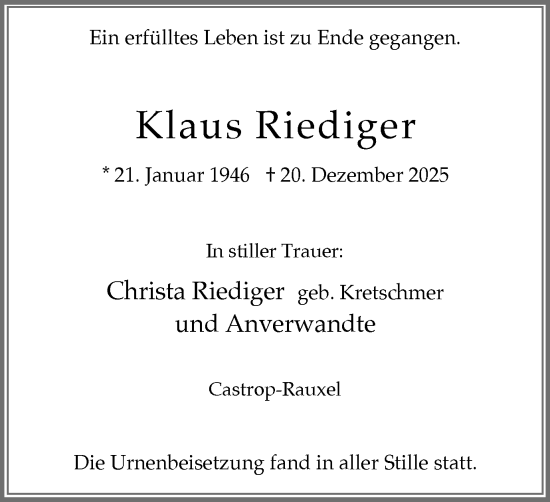 Traueranzeige von Klaus Riediger von Stadtanzeiger Castrop-Rauxel