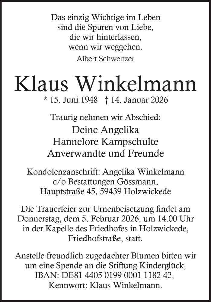  Traueranzeige für Klaus Winkelmann vom 24.01.2026 aus Hellweger Anzeiger