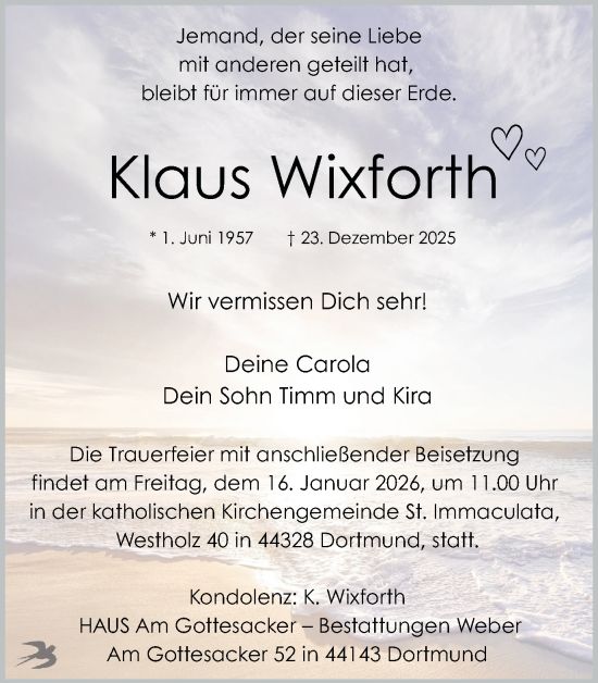 Traueranzeige von Klaus Wixforth von Ruhr Nachrichten
