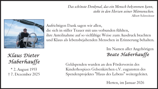 Traueranzeige von Klaus Dieter Haberhauffe von Trauer Vest