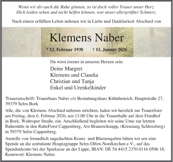 Traueranzeige von Klemens Naber von Ruhr Nachrichten