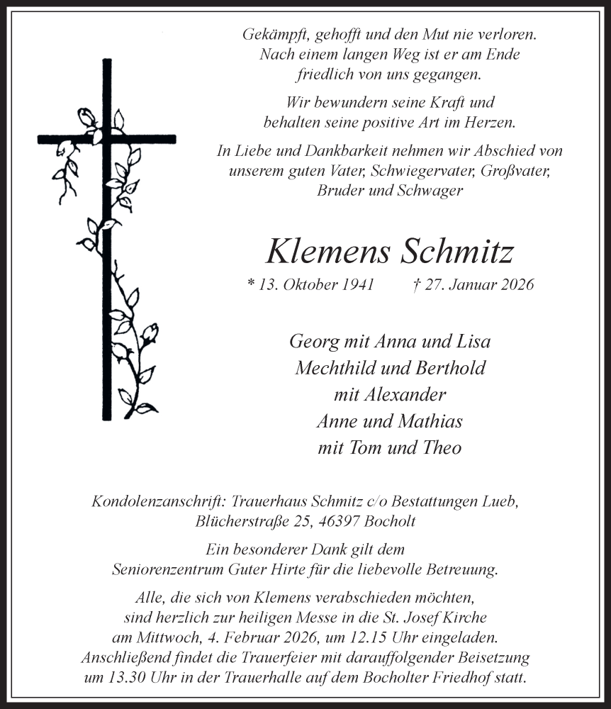  Traueranzeige für Klemens Schmitz vom 31.01.2026 aus 