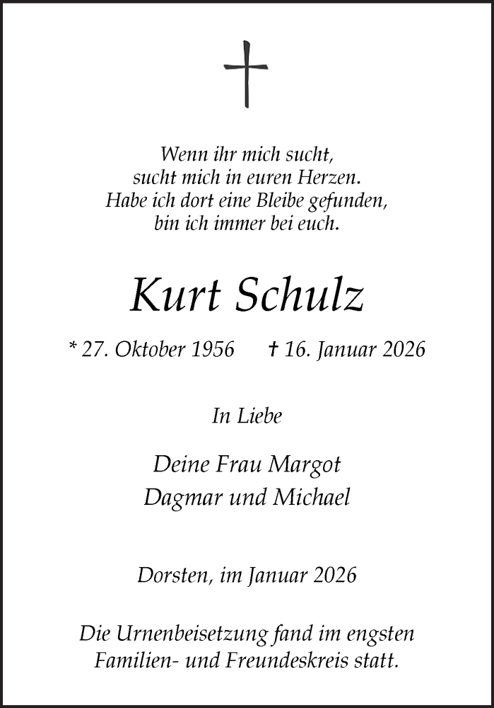  Traueranzeige für Kurt Schulz vom 28.01.2026 aus Ruhr Nachrichten und Dorstener Zeitung