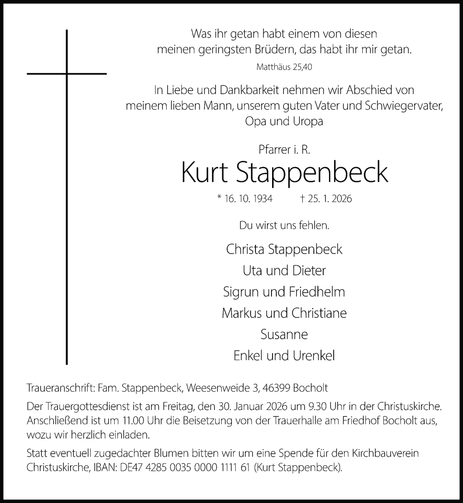  Traueranzeige für Kurt Stappenbeck vom 27.01.2026 aus 