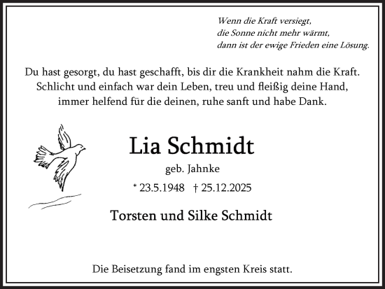 Traueranzeige von Lia Schmidt von Hellweger Anzeiger