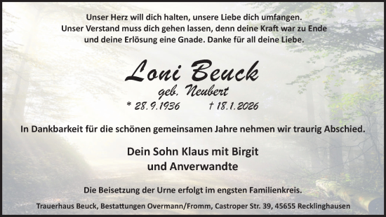 Traueranzeige von Loni Beuck von Trauer Vest