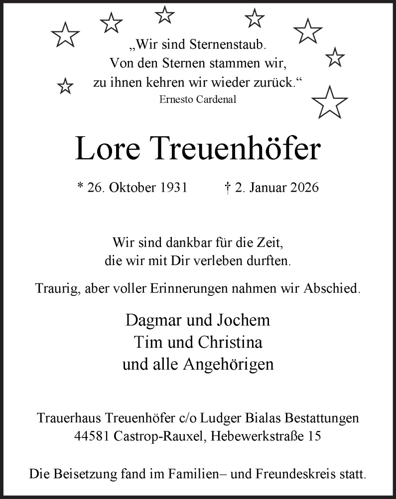  Traueranzeige für Lore Treuenhöfer vom 10.01.2026 aus Stadtanzeiger Castrop-Rauxel