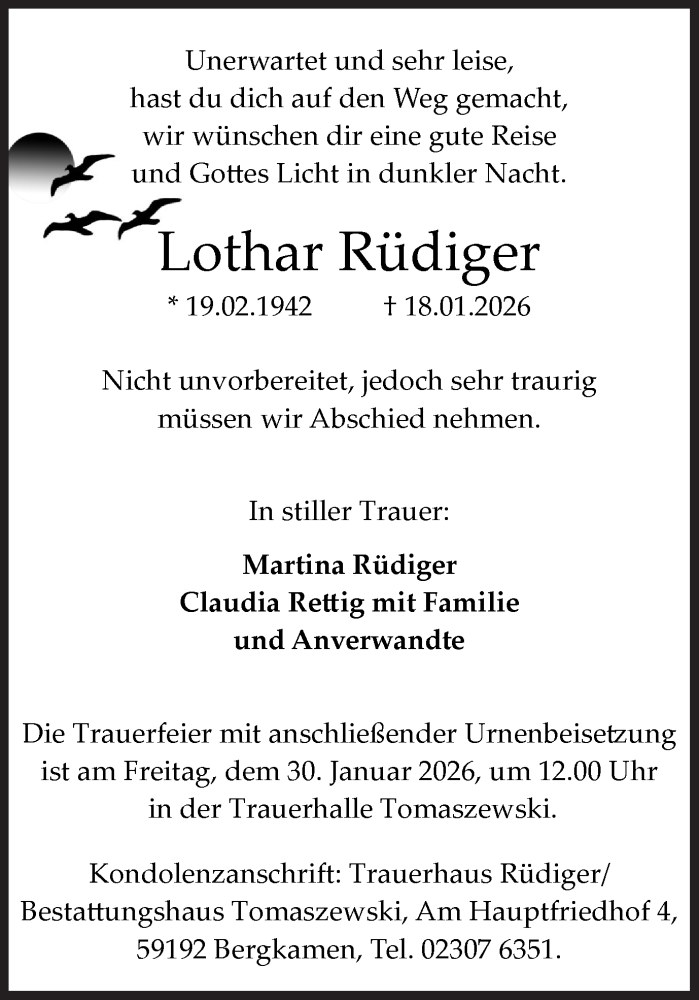  Traueranzeige für Lothar Rüdiger vom 24.01.2026 aus Hellweger Anzeiger
