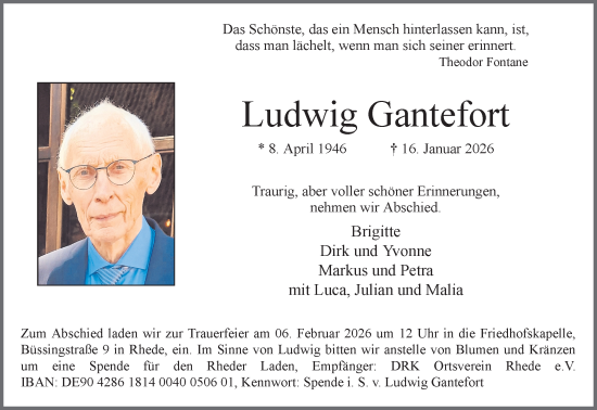 Traueranzeige von Ludwig Gantefort 