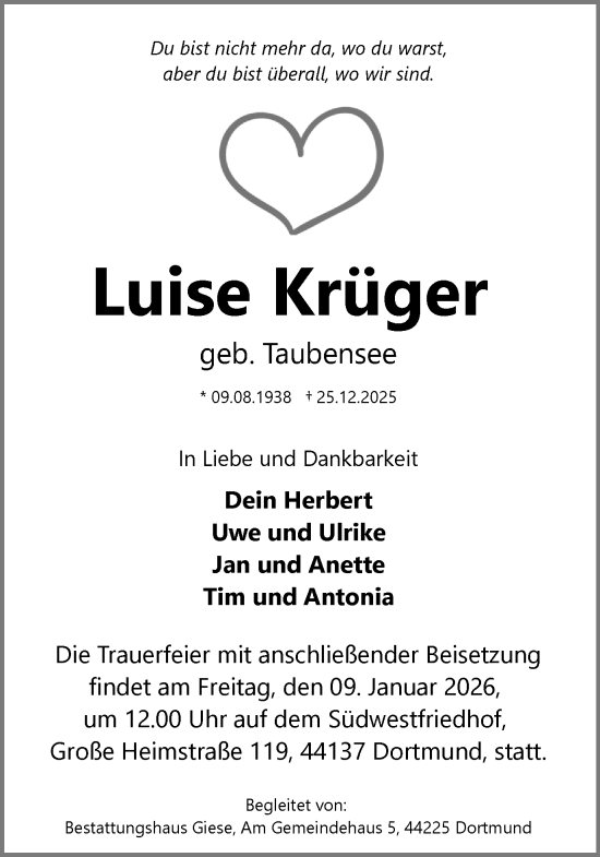 Traueranzeige von Luise Krüger von Ruhr Nachrichten