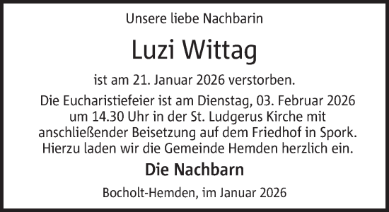Traueranzeige von Luzi Wittag 