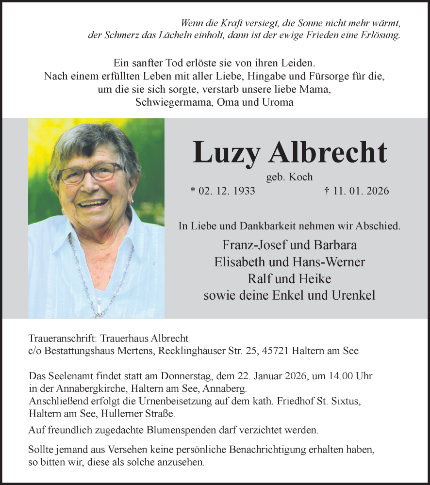  Traueranzeige für Luzy Albrecht vom 17.01.2026 aus Ruhr Nachrichten und Halterner Zeitung