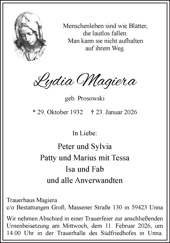  Traueranzeige für Lydia Magiera vom 31.01.2026 aus Hellweger Anzeiger