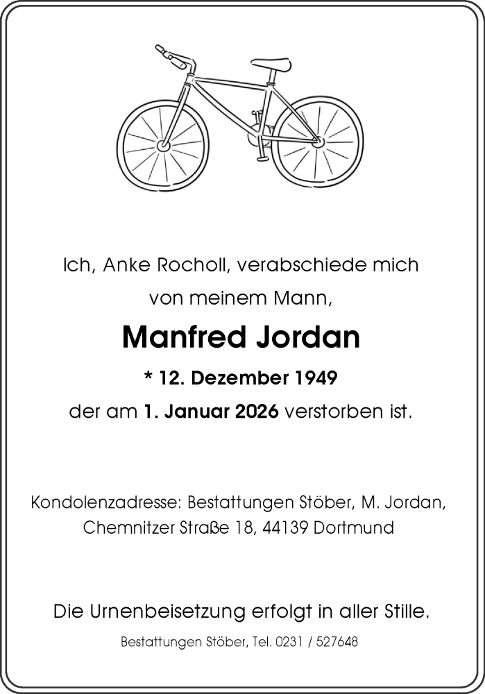  Traueranzeige für Manfred Jordan vom 17.01.2026 aus City Anzeiger Dortmund