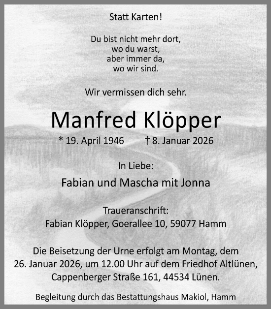 Traueranzeige von Manfred Klöpper von Ruhr Nachrichten