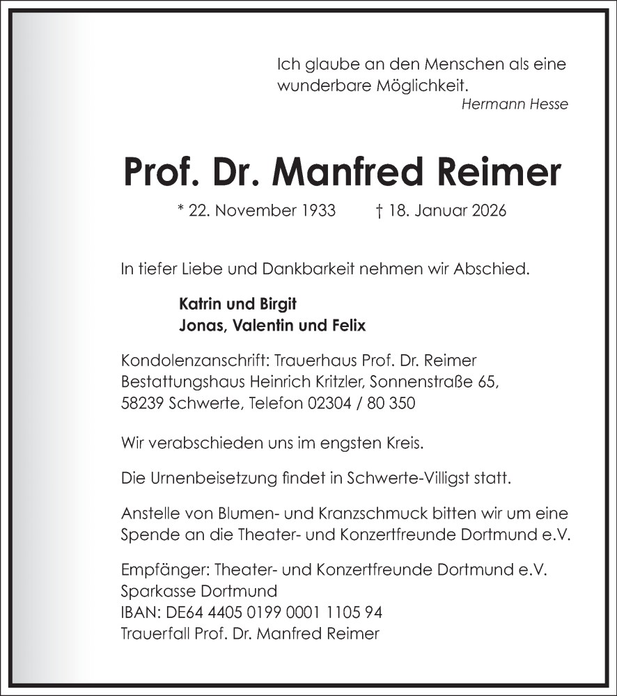  Traueranzeige für Manfred Reimer vom 24.01.2026 aus Ruhr Nachrichten