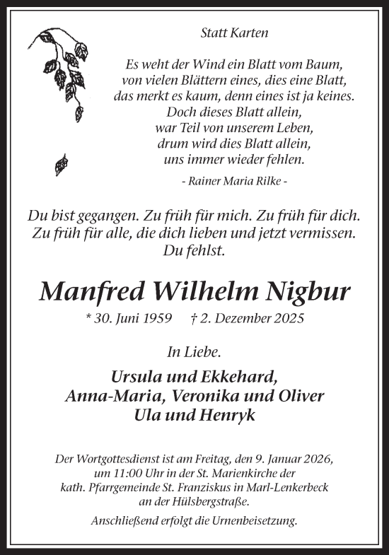 Traueranzeige von Manfred Wilhelm Nigbur von Trauer Vest