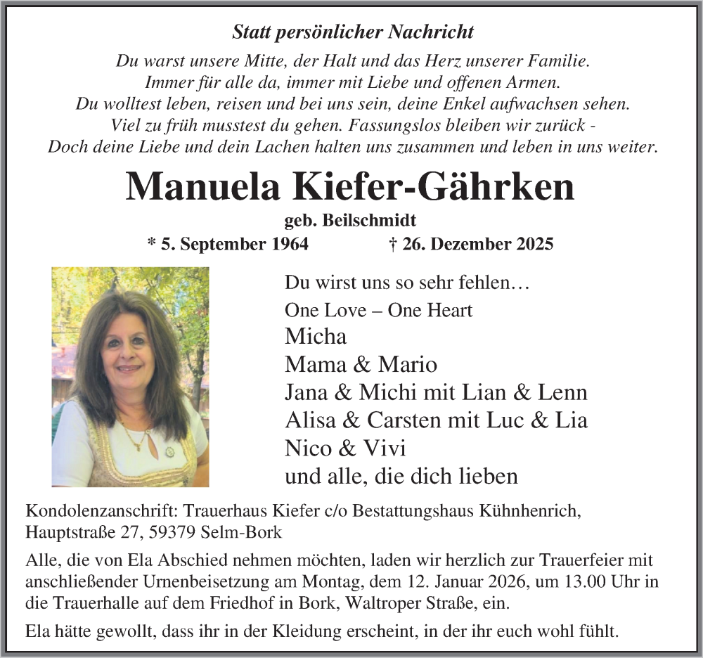  Traueranzeige für Manuela Kiefer-Gährken vom 10.01.2026 aus Lüner Anzeiger