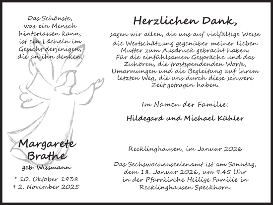 Traueranzeige von Margarete Brathe von Trauer Vest