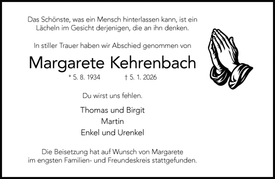 Traueranzeige von Margarete Kehrenbach 