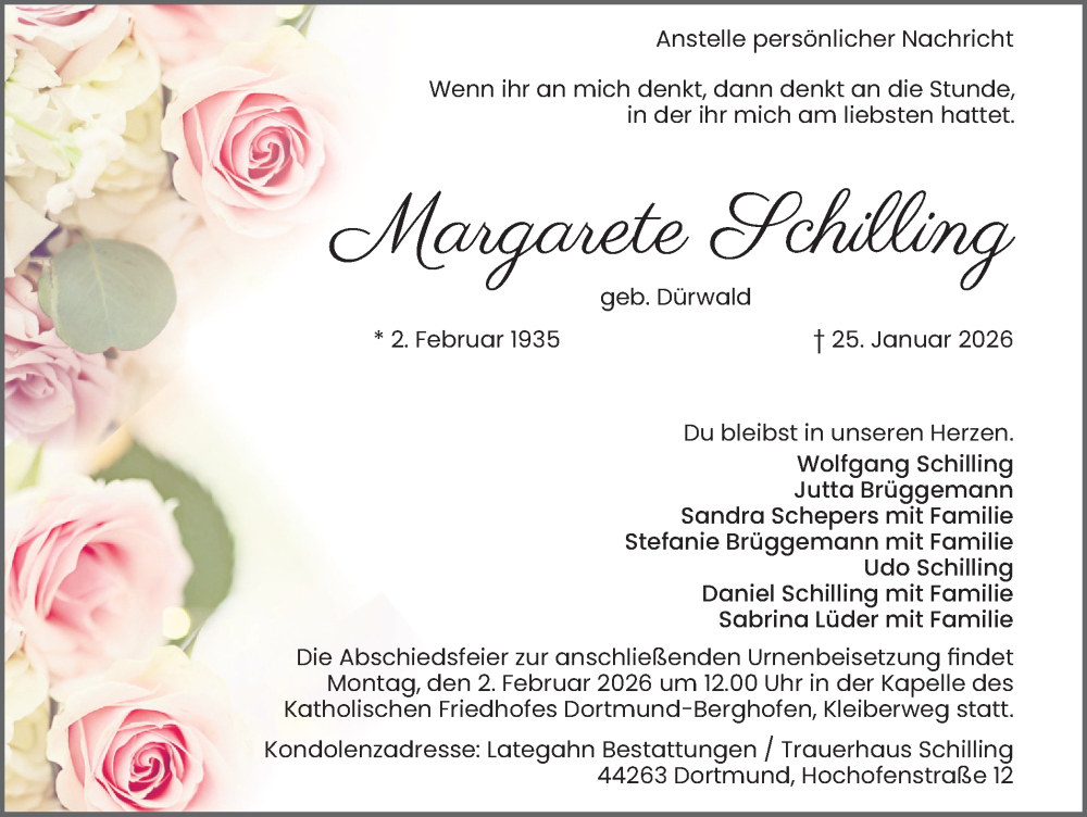  Traueranzeige für Margarete Schilling vom 31.01.2026 aus Ruhr Nachrichten