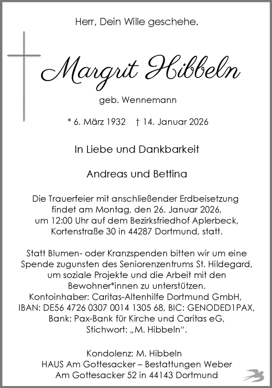 Traueranzeige von Margit Hibbeln von Ruhr Nachrichten