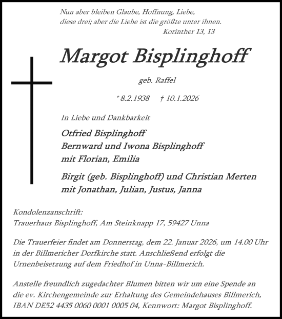 Traueranzeige von Margot Bisplinghoff von Hellweger Anzeiger