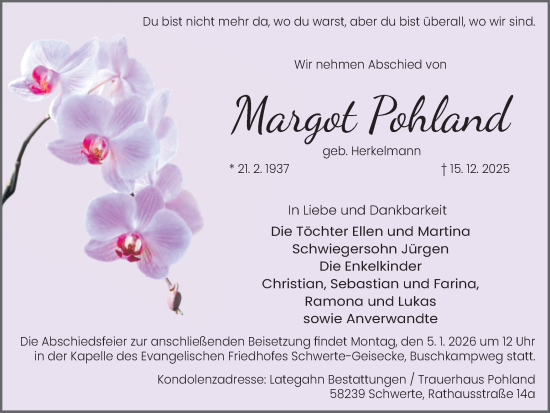 Traueranzeige von Margot Pohland von Ruhr Nachrichten
