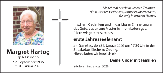Traueranzeige von Margret Hartog von Münsterland Zeitung