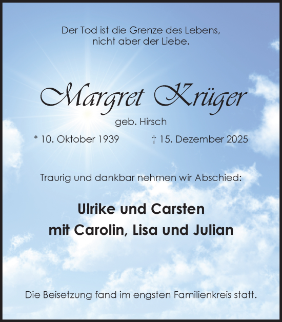 Traueranzeige von Margret Krüger von Ruhr Nachrichten