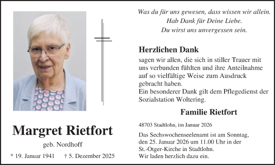 Traueranzeige von Margret Rietfort von Münsterland Zeitung
