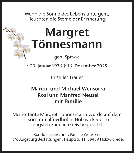 Traueranzeige von Margret Tönnesmann von Hellweger Anzeiger