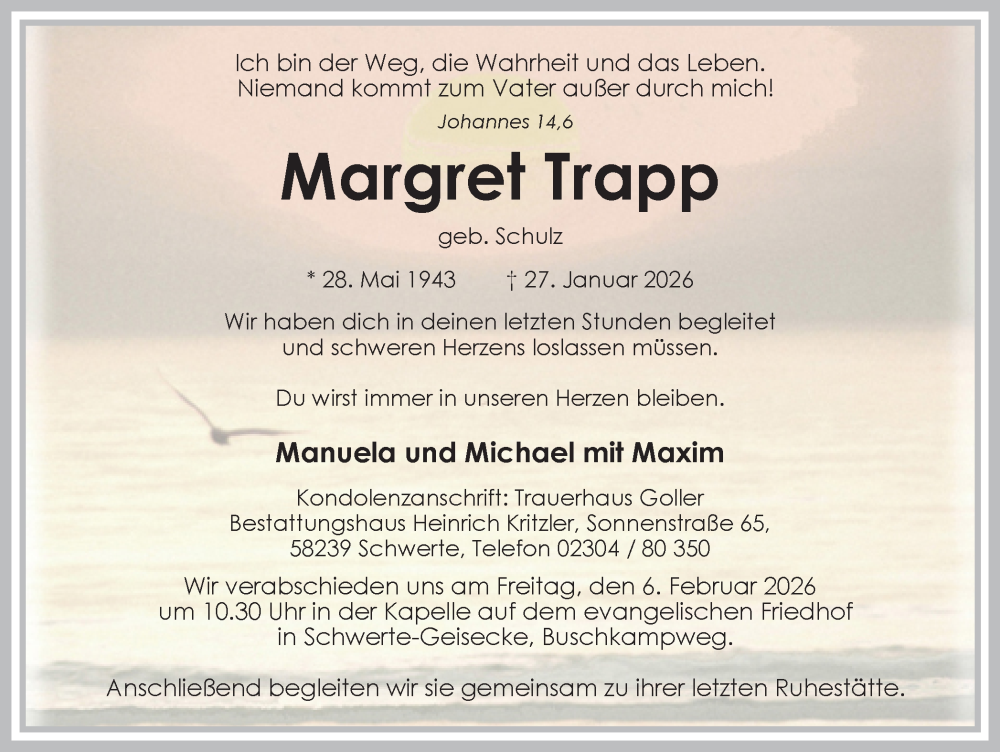  Traueranzeige für Margret Trapp vom 31.01.2026 aus Ruhr Nachrichten