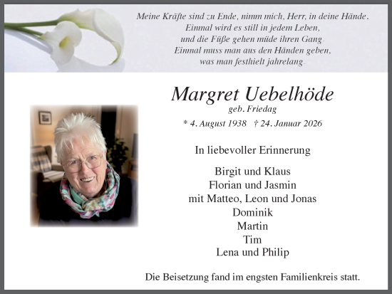 Traueranzeige von Margret Uebelhöde von Ruhr Nachrichten