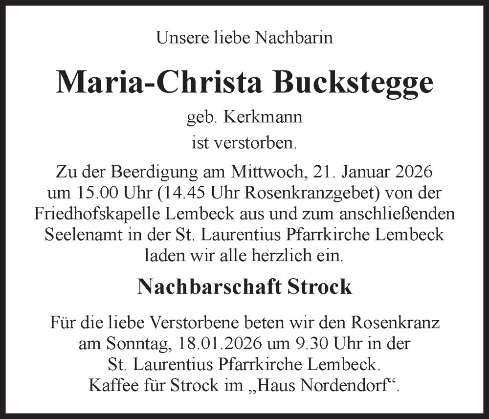  Traueranzeige für Maria-Christa Buckstegge vom 17.01.2026 aus Ruhr Nachrichten und Dorstener Zeitung