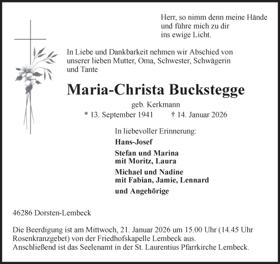 Traueranzeige von Maria-Christa Buckstegge von Ruhr Nachrichten und Dorstener Zeitung