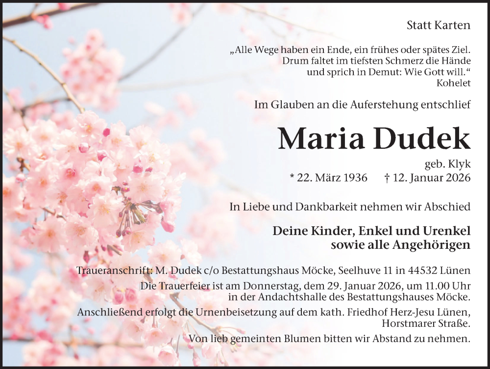  Traueranzeige für Maria Dudek vom 24.01.2026 aus Lüner Anzeiger