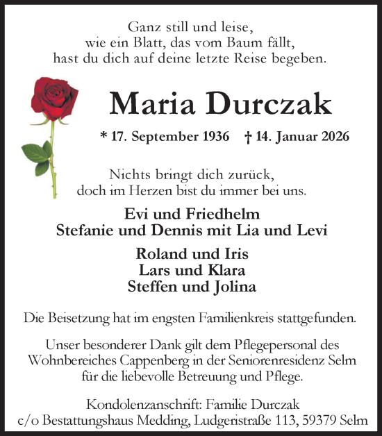 Traueranzeige von Maria Durczak von Ruhr Nachrichten