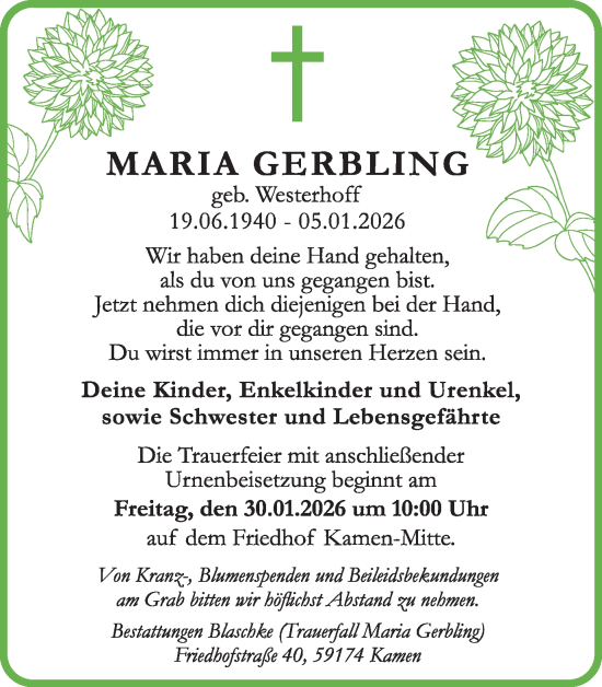Traueranzeige von Maria Gerbling von Hellweger Anzeiger