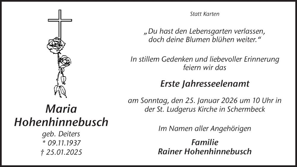 Traueranzeige für Maria Hohenhinnebusch vom 23.01.2026 aus Ruhr Nachrichten und Dorstener Zeitung