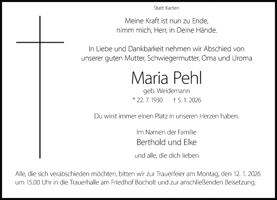 Traueranzeige von Maria Pehl 