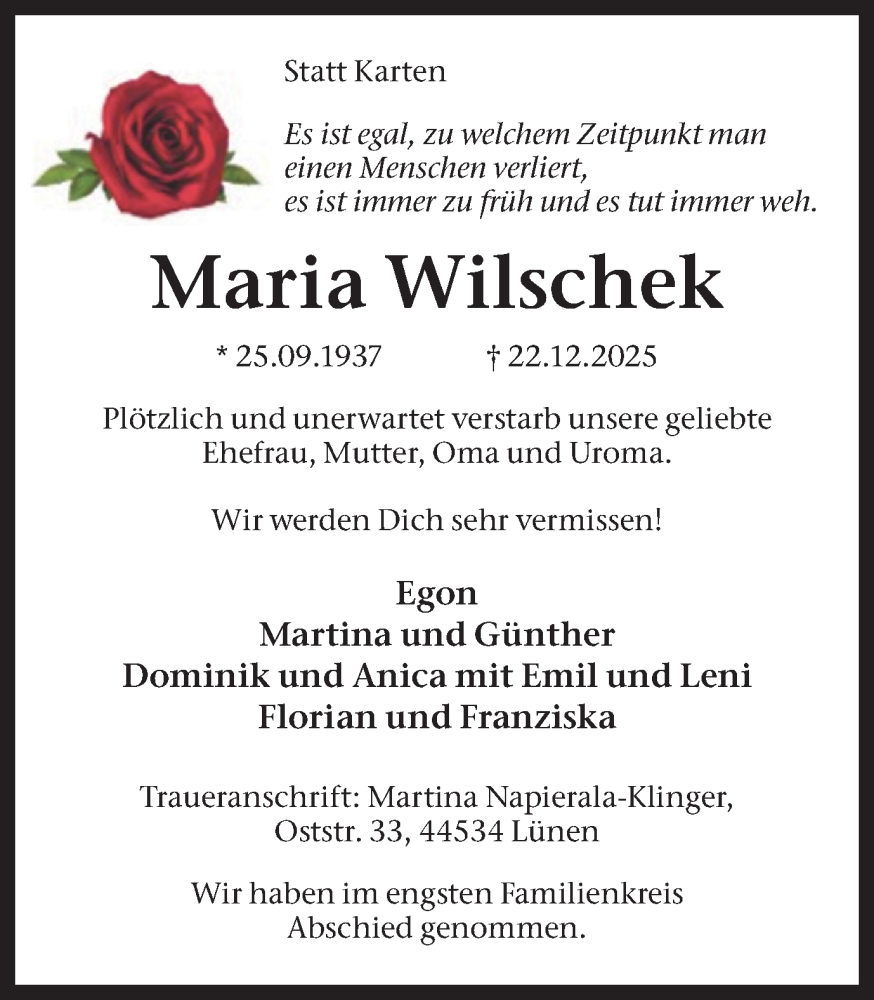  Traueranzeige für Maria Wilschek vom 10.01.2026 aus Lüner Anzeiger