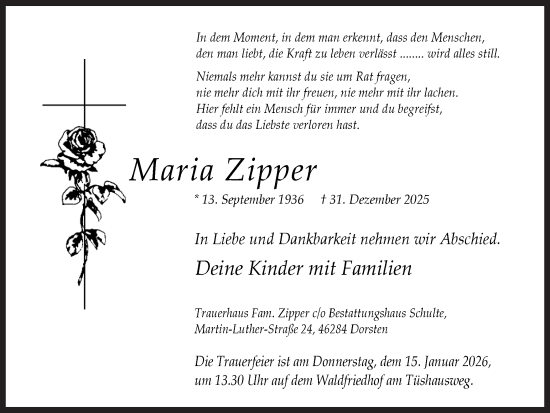 Traueranzeige von Maria Zipper von Ruhr Nachrichten und Dorstener Zeitung